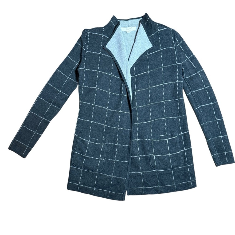 LOFT|Women’s Light Gray Windowpane Knit Open-Front Cardigan Jacket-Size XS